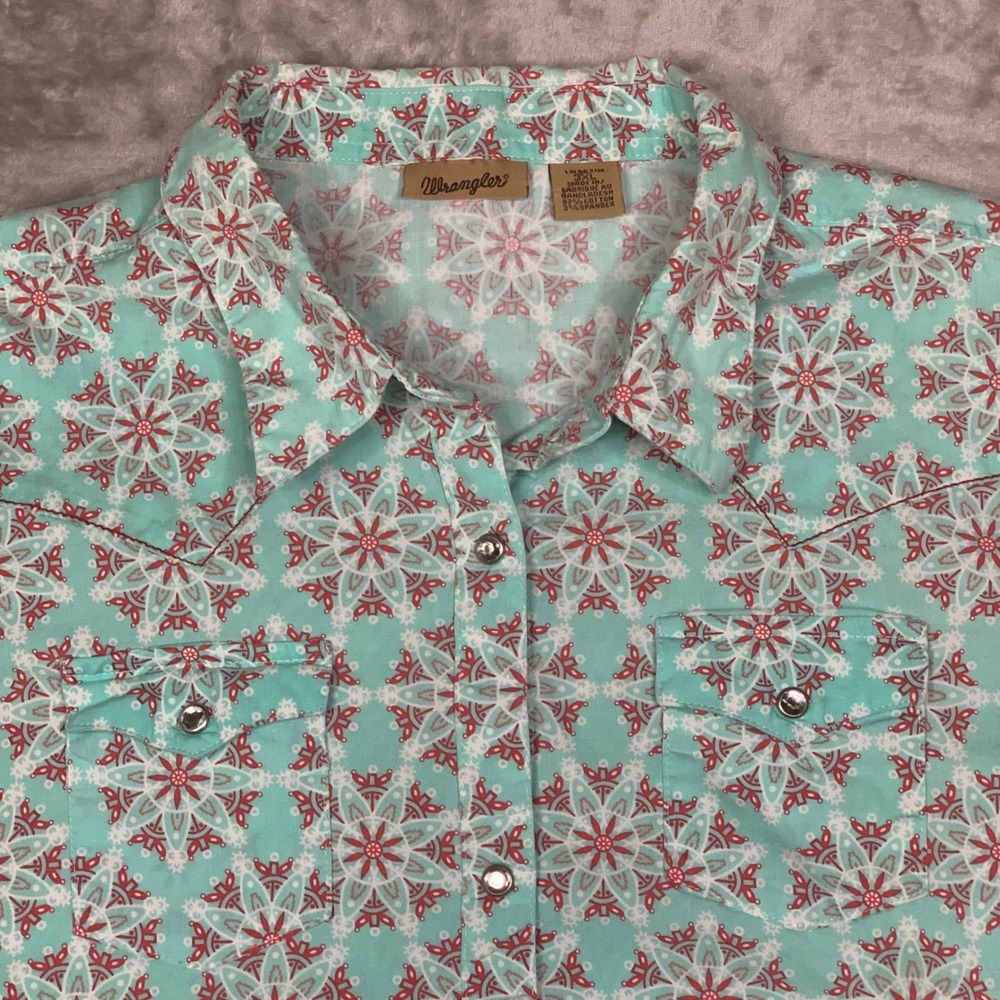 Wrangler Womens 3XL Western Pearl Snap Shirt Teal Red Geometric Cowgirl Rodeo